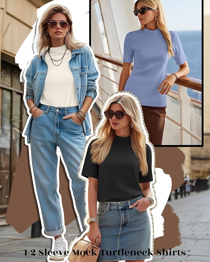 Ficerd 3 Pack Women's 1/2 Sleeve Mock Turtleneck Shirts, Elbow Length Shirt Half Sleeve Tunic Top Casual Summer Basic Tees