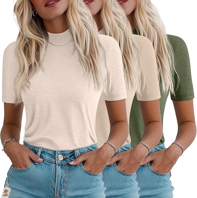 Ficerd 3 Pack Women's 1/2 Sleeve Mock Turtleneck Shirts, Elbow Length Shirt Half Sleeve Tunic Top Casual Summer Basic Tees
