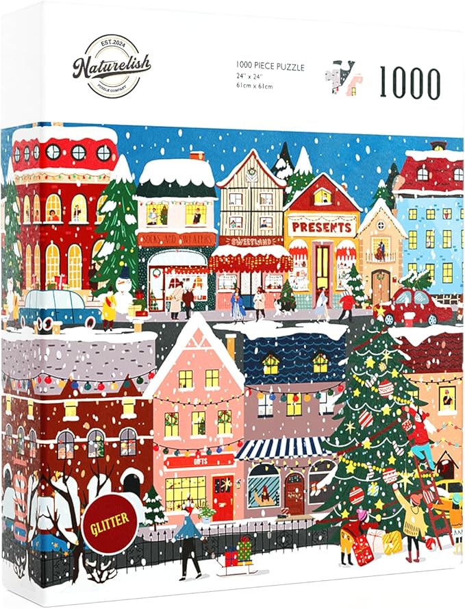 Naturelish 1000 Piece Christmas Puzzle for Adults, Festive Winter Village Jigsaw Puzzle with Glitter Snow Effect, Holiday Street Scene Puzzle, Perfect for Christmas Fun, 24 x 24 Inches