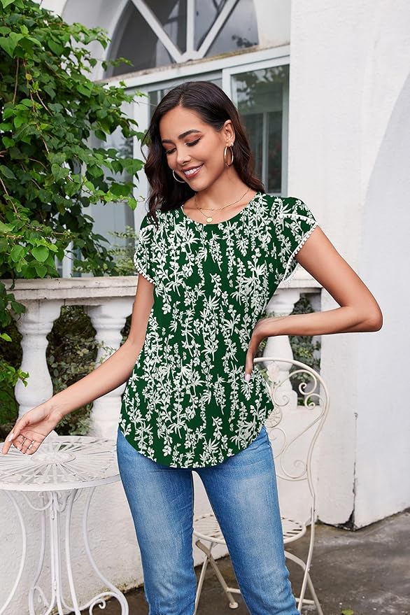 TASAMO Women's Casual Round Neck Basic Pleated Top Cap Sleeve Curved Keyhole Back Chiffon Blouse