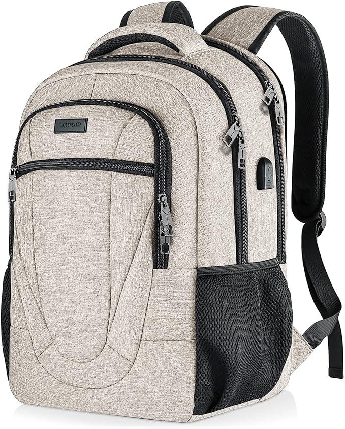 BIKROD Backpack for Women and Men, Extra Large School Backpacks for Teens, Water Resistant Back Pack with USB Charging Port Fits 17 Inch Laptop, Business Anti Theft Sturdy Computer Bag Gifts, Beige