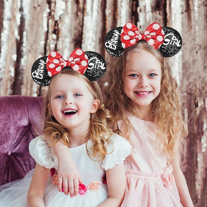ETLUK Mouse Ears Headband, Mouse Ears Sequin Bow Headbands for Women Girls, Birthday Party Decorations (Birthday Girl)