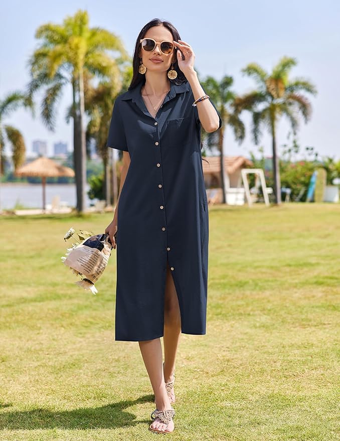 HOTOUCH Womens Dress Summer Casual Midi Short Sleeve Button Down Shirt Dresses Loose Beach Cover Up with Pockets