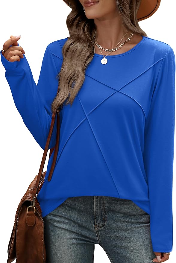 XIEERDUO Long Sleeve Shirts for Women Business Casual Tops Trendy Crewneck Fall T Shirts Pleated Loose Fit