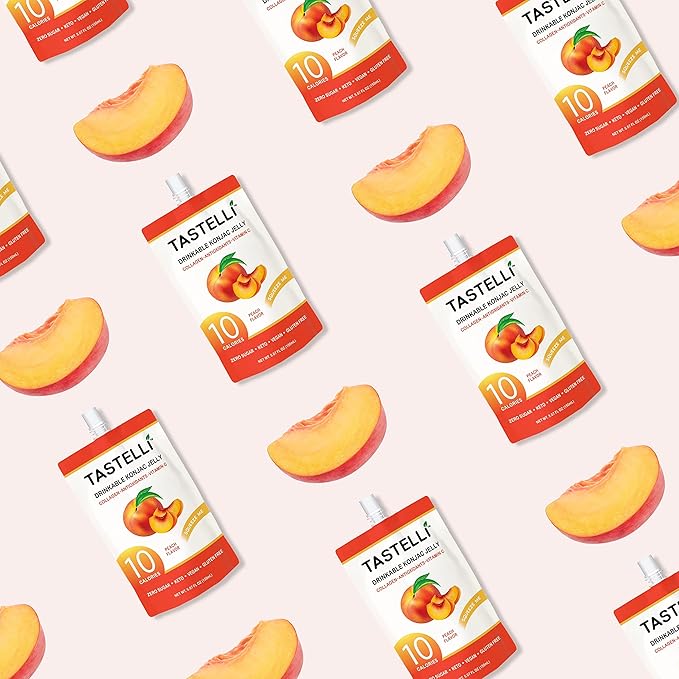 Tastelli Konjac Jelly Infused with Collagen & Vitamin C | Gluten Free, Sugar Free, Low Calorie | Vegan Drinkable Fruit Jelly Snack | Peach | 150mL x 10 Pouches