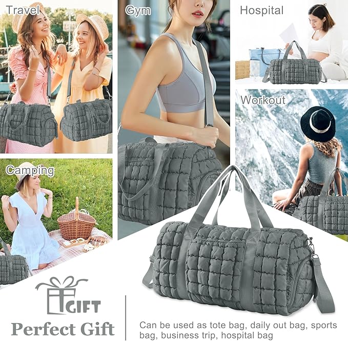Quilted Travel Duffle Bag Gym Bag for Women,Large Puffer Duffle Weekender Bag with Compartment,Workout Overnight Carry on Organizer Bag Duffle Bag for Airplane Travel(Grey)