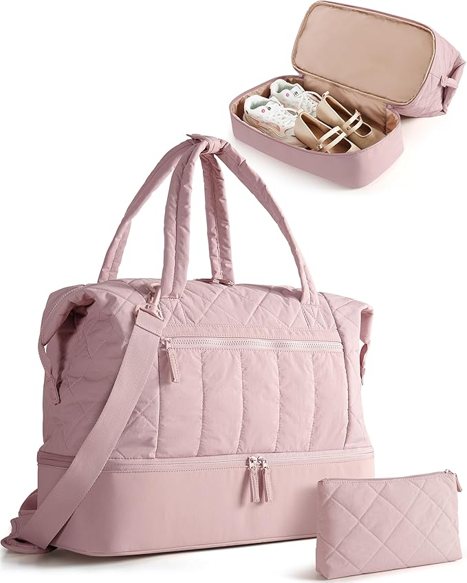 Quilted Duffle Bag with Shoe Compartment and Wet Pocket, Weekender Duffel Bag With Laptop Sleeve and a Separate Pouch for Travel, Gym, Hospital Labor Delivery, Pink