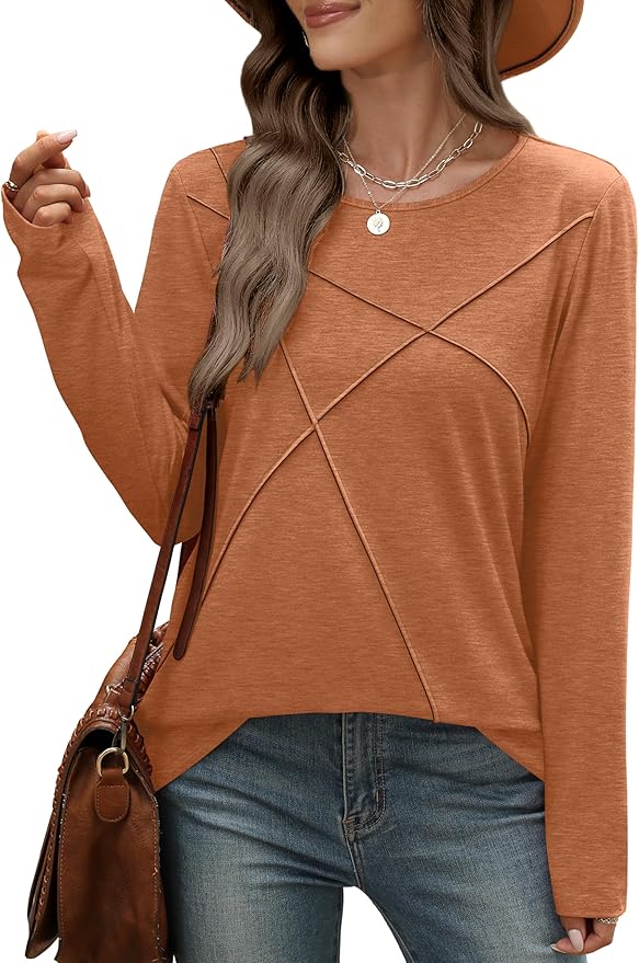 XIEERDUO Long Sleeve Shirts for Women Business Casual Tops Trendy Crewneck Fall T Shirts Pleated Loose Fit