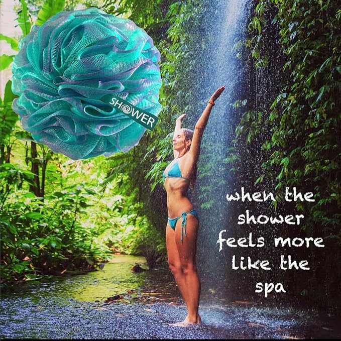 SHOWER BOUQUET Loofah Bath-Sponge XL Swirl-Deep-4-Pack // Extra Large 75g Soft Mesh Net Luffa Loofa Loufa Lufa Puff Set/Exfoliating Body Scrubber for Women and Men - Exfoliate & Soothe Face & Body