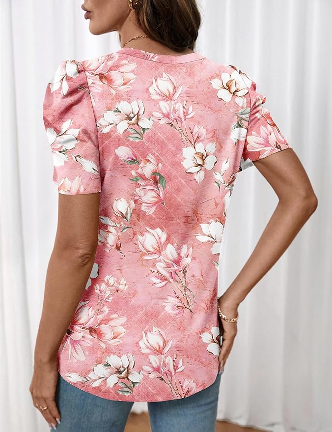 Lomon Spring Summer Tops for Women 2026 V Neck Puff Short Sleeve Tops Fashion Trendy Work Blouses Dressy Casual S-XXL