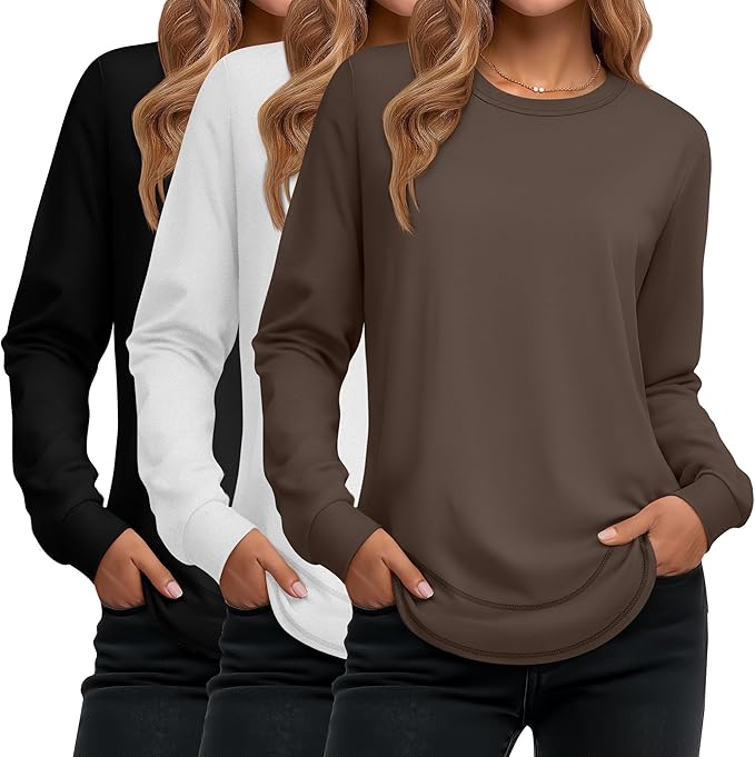 Ficerd 3 Pack Women's Long Sleeve Shirts, Cotton Crew Neck Tunic Tops Casual Loose Fit Pullover Sweatshirts Curved Hem Shirts