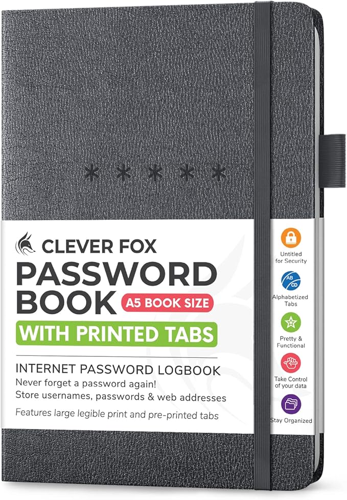Clever Fox Password Book – Alphabetized Internet Address & Password Organizer – Computer & Website Password Keeper Notebook – Log-In Password Journal - Medium, A5, 8.3x5.8″, Hardcover (Mystic Gray)