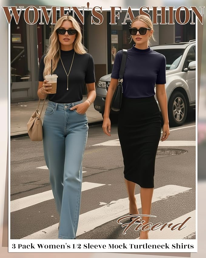 Ficerd 3 Pack Women's 1/2 Sleeve Mock Turtleneck Shirts, Elbow Length Shirt Half Sleeve Tunic Top Casual Summer Basic Tees