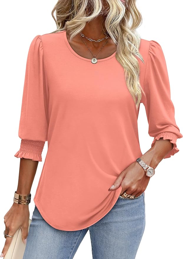 XIEERDUO Blouses for Women Dressy Casual 3/4 Length Sleeve Womens Tops with Smocked Cuffs