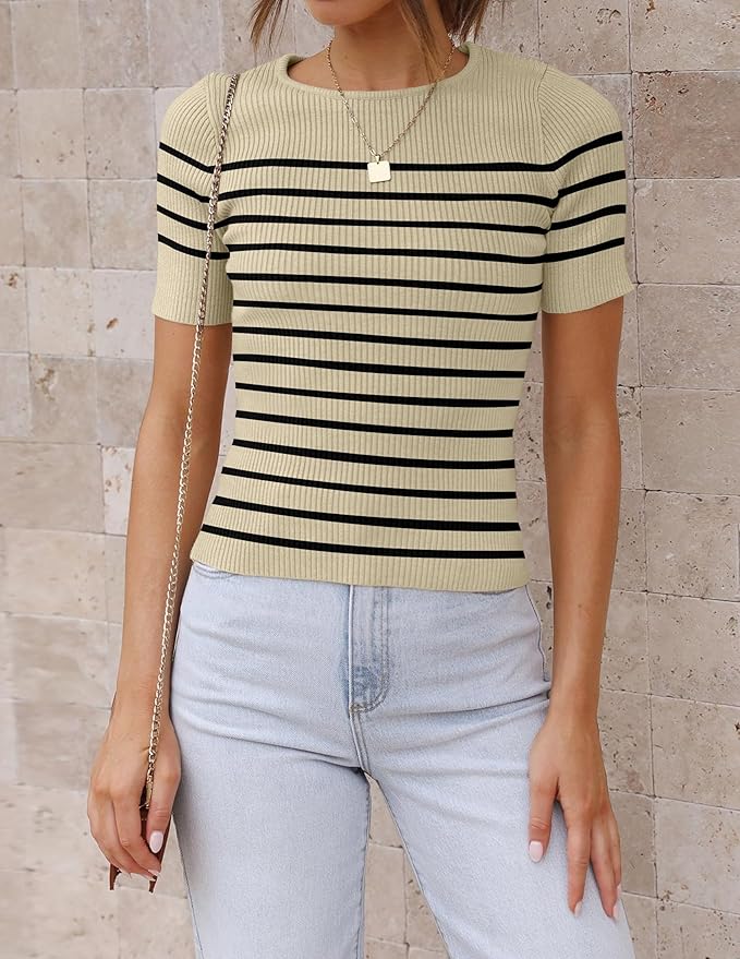 ZESICA Women's Short Sleeve Crewneck Striped T Shirt 2026 Summer Ribbed Knit Slim Fit Casual Basic Tee Tops
