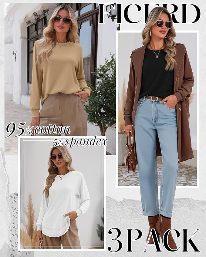 Ficerd 3 Pack Women's Long Sleeve Shirts, Cotton Crew Neck Tunic Tops Casual Loose Fit Pullover Sweatshirts Curved Hem Shirts