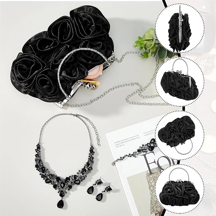 4 Pcs Flower Clutch Rhinestone Jewelry Set Rose Clutch Handbags with Detachable Strap Detachable Necklace Earrings Bracelets for Wedding Party Prom Valentine Gift