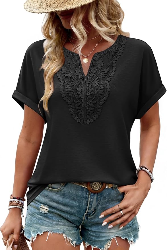 Sipaya Womens Blouses Dressy Casual Summer Shirts Short Sleeve Lace Front Boho Tunic Tops for Leggings Fashion Clothes