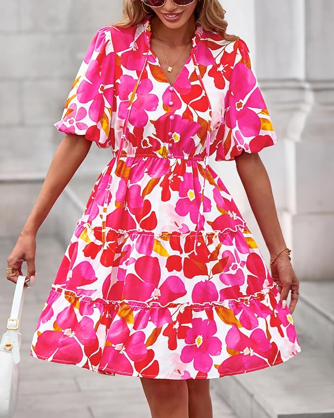 BTFBM Women Summer Floral Short Dresses V Neck Short Sleeve Tiered Ruffle Boho Swing Dress A-Line Mini Dresses