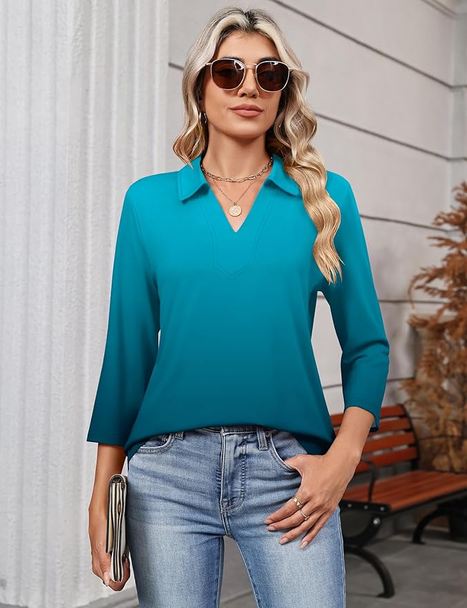 LOMON 3/4 Length Sleeve Womens Tops 2026 Spring Summer Collared Polo Shirts V Neck Casual Basic Polos Tees Shirt