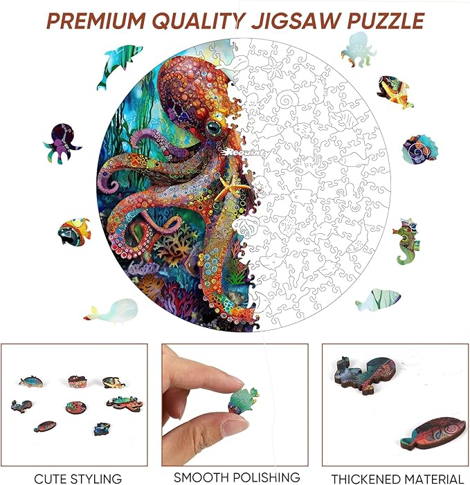 Reouinty Wooden Puzzle for Adults 500 Piece, Octopus Ocean Jigsaw Puzzles, Unique Shape Animal Adult Puzzles, Wall Decor, Wood Gift for Adults and Kids Family Game 15.6x15.6 in