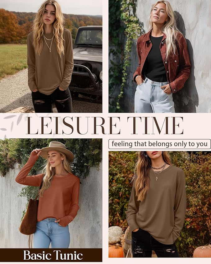 Huukeay 3 Pack Women's Long Sleeve Shirts with Thumb Holes, Cotton Casual Crew Neck Tunic Tops Fall Loose Y2k Trendy Outfits