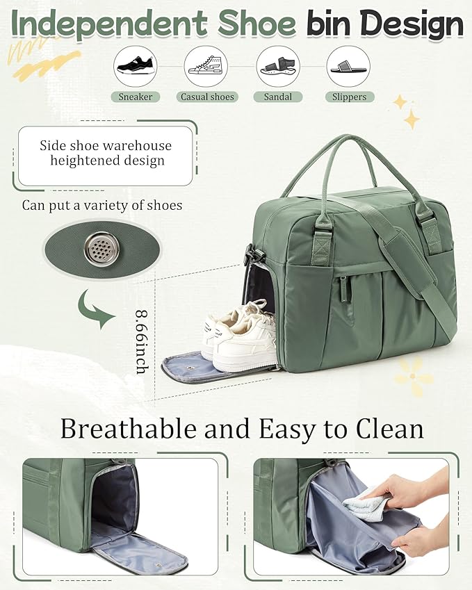 Travel Duffel Bag with Shoe Compartment, Large Weekender Bags for Women with Trolley Sleeve for Airplane, Waterproof Carry on Bag Sport Tote Bags Hospital Holdalls, Green