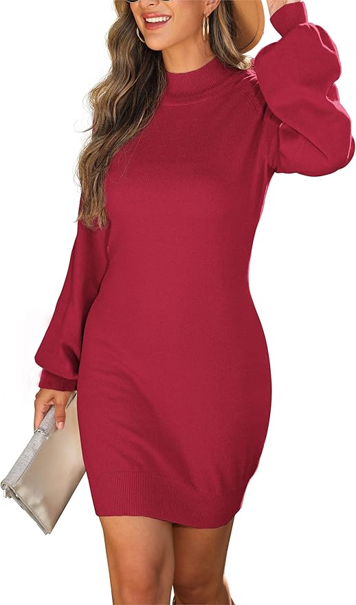 GRECERELLE 2026 Women's Mock Neck Ribbed Long Sleeve Bodycon Pullover Cute Mini Sweater Dress (XS-2XL)