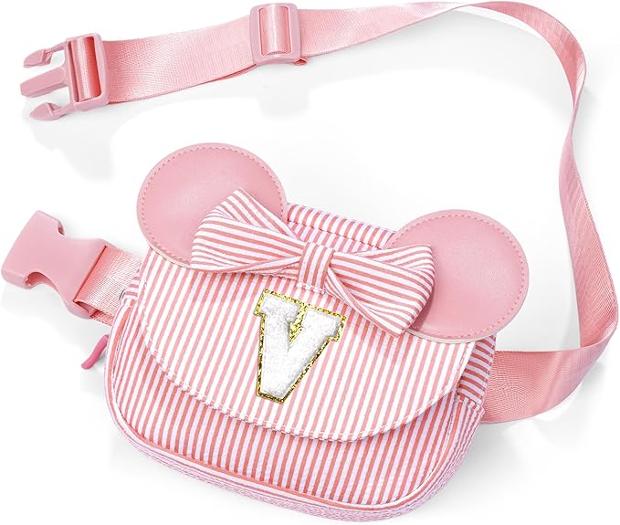 QLOVEA Daughter Gifts - Birthday Gifts for 3 4 5 6 7 8 9 10 11 12 13 Year Old Girls, Initial Fanny Pack Crossbody Bag Belt Bag Purse for Teen Girls Bean Pink V