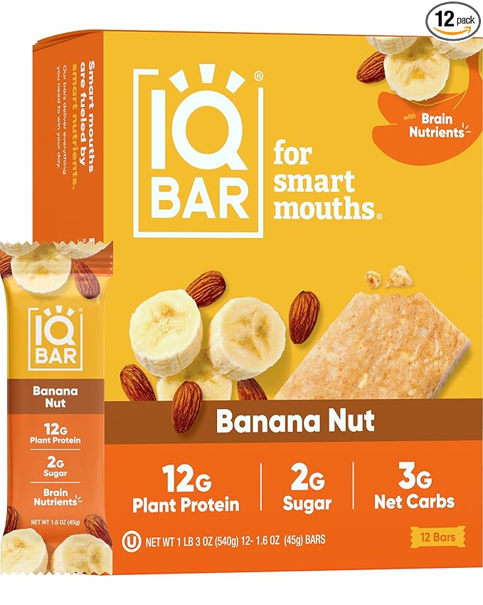 IQBAR Brain and Body Plant Protein Bars Banana Nut 12 Count - Keto, Vegan, Low Carb, High Fiber, Gluten Free, Dairy Free, Low Sugar Snack