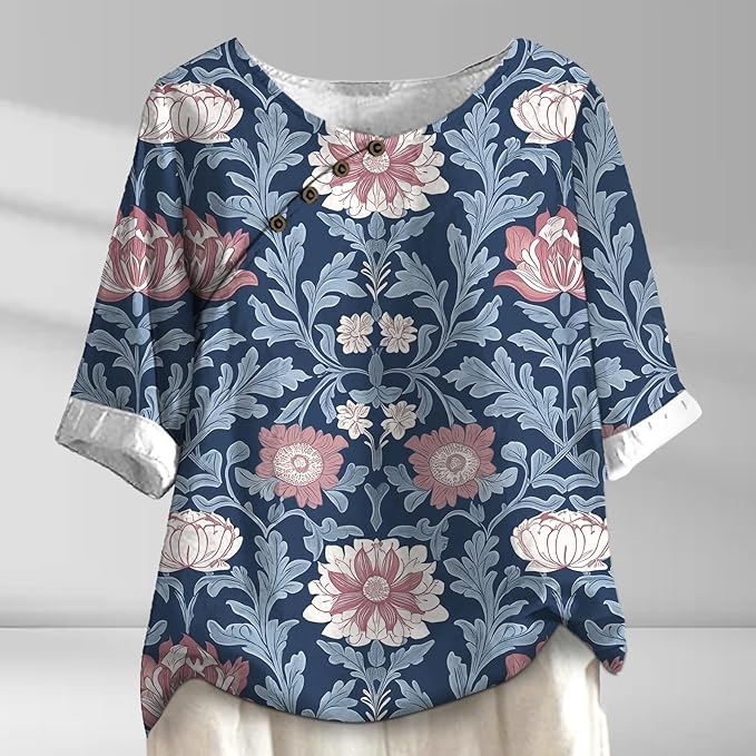 Women's Shirts Dressy Casual Asymmetric Side Button Down Design Tops Summer Loose Fit Crewneck Graphic Tees