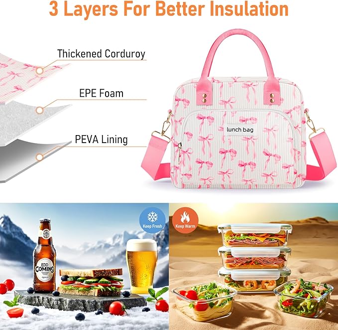 Lunch Bag Large Insulated Lunch Box for Women Adult Cute Pink Lunchbox Lunch Bags Boxes Pail with Shoulder Strap for Work Mom Picnic Office Travel 11.4×6.8×9.1 inches 11.5L (Pink Bow)