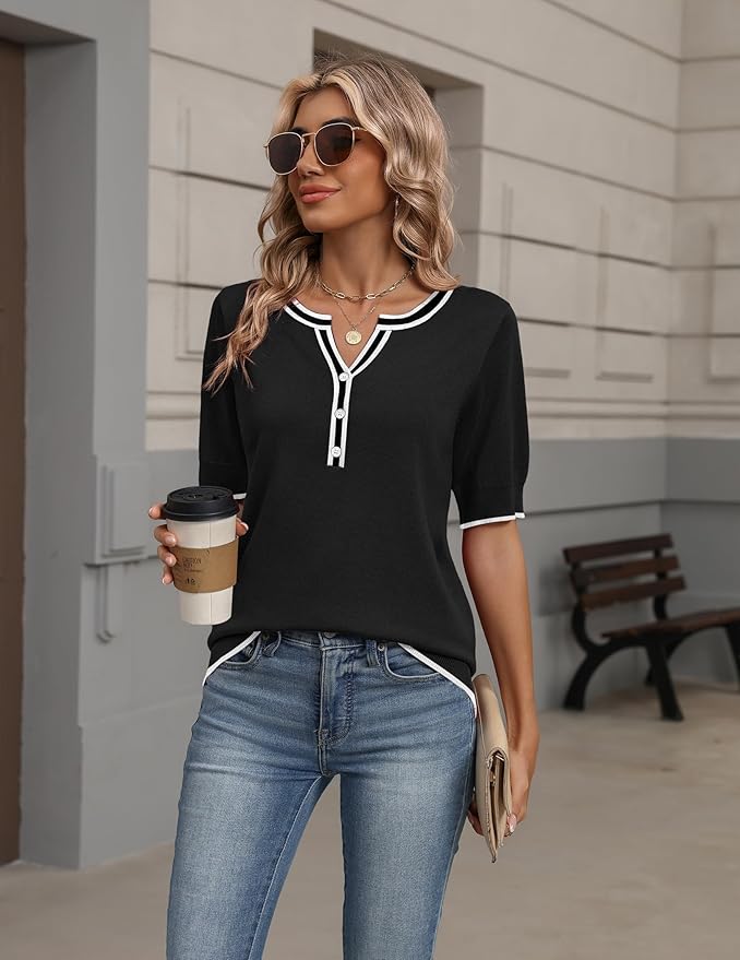 Zeagoo Women's Short Sleeve Sweater 2026 Spring Summer Tops Lightweight Casual V Neck Sweaters Dressy Work Blouses Clothes