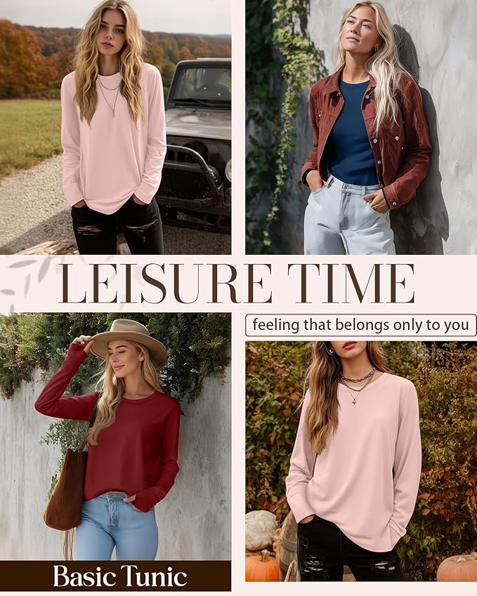 Huukeay 3 Pack Women's Long Sleeve Shirts with Thumb Holes, Cotton Casual Crew Neck Tunic Tops Fall Loose Y2k Trendy Outfits