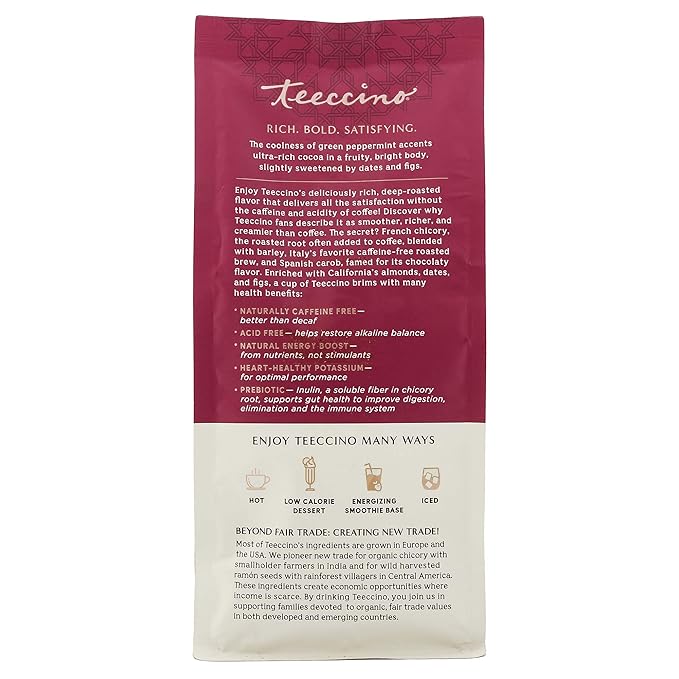Teeccino Chocolate Mint Chicory Coffee Alternative - Ground Herbal Coffee That’s Prebiotic, Caffeine Free & Acid Free, Light Roast, 11 Ounce (Pack of 3)