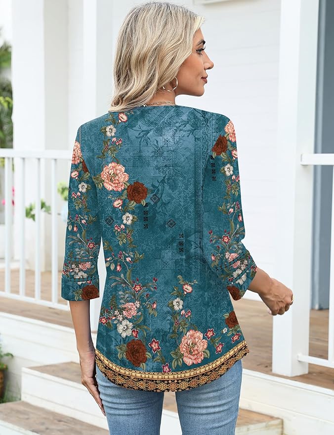 Ivicoer 3/4 Length Sleeve Womens Tops V Neck Lace Embroidered Summer Blouses Loose Fit Tunic Dressy Casual