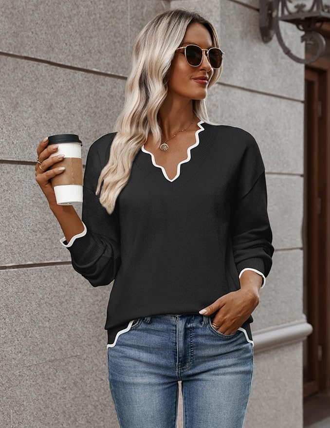 Zeagoo Women's 2026 Fall V Neck Sweater Casual Long Sleeve Lightweight Ribbed Knit Pullover Sweaters Dressy Casual Tops