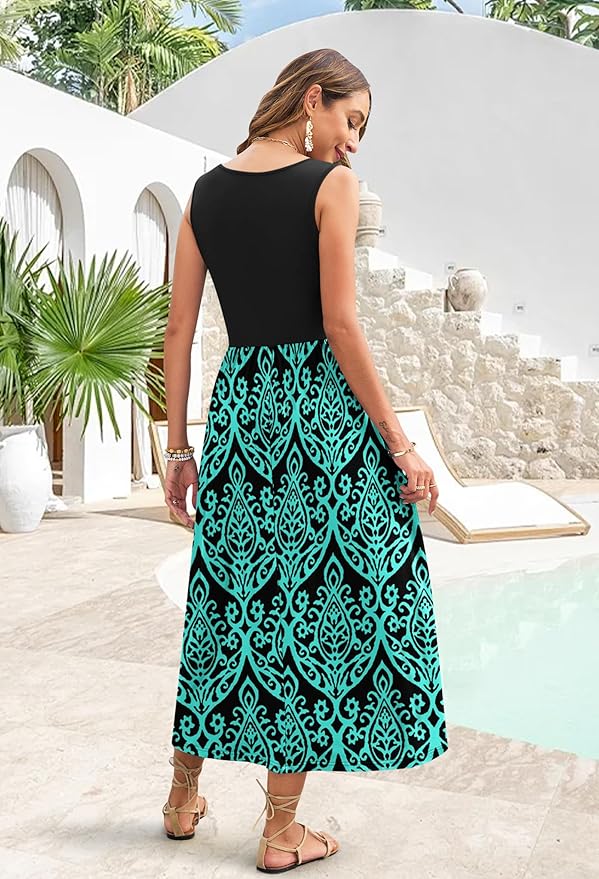 WNEEDU Women's Summer Maxi Dress 2026 Casual Sleeveless Hawaiian Sundress Tropical Long Dress Beach Vacation Outfit