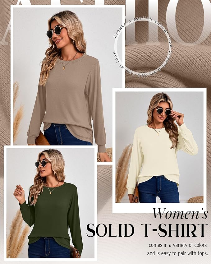 Ficerd 3 Pack Women's Long Sleeve Shirts, Cotton Crew Neck Tunic Tops Casual Loose Fit Pullover Sweatshirts Curved Hem Shirts