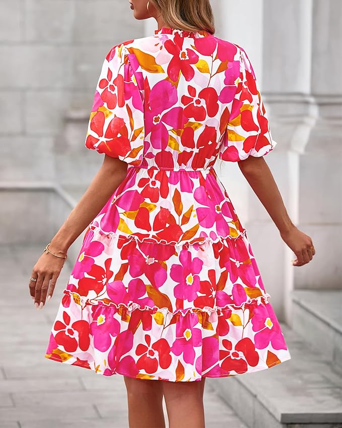 BTFBM Women Summer Floral Short Dresses V Neck Short Sleeve Tiered Ruffle Boho Swing Dress A-Line Mini Dresses