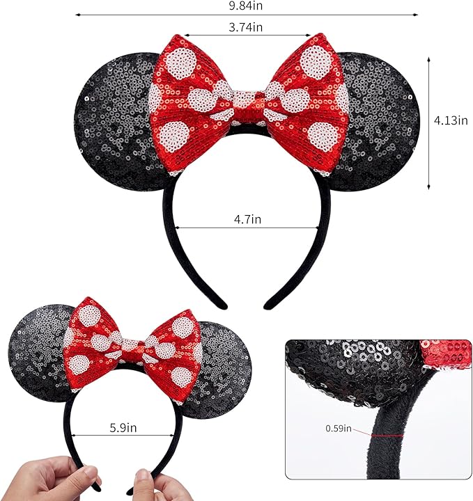 YUNISS Handmade Sparkly Mouse Ears Headband for Adults & Kids | Upgraded Wide Band |Velvet Non-Slip Band, All-Day Comfort
