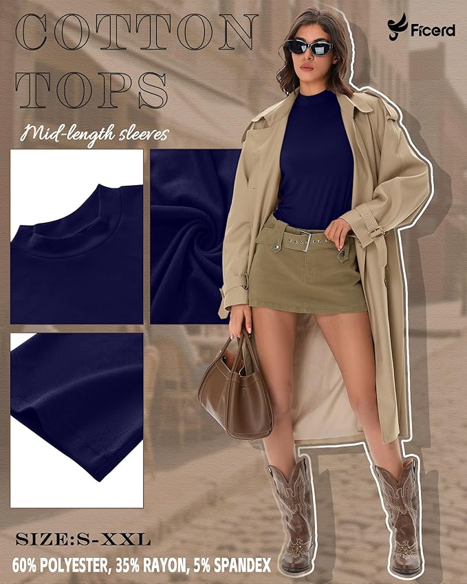Ficerd 3 Pack Women's 1/2 Sleeve Mock Turtleneck Shirts, Elbow Length Shirt Half Sleeve Tunic Top Casual Summer Basic Tees