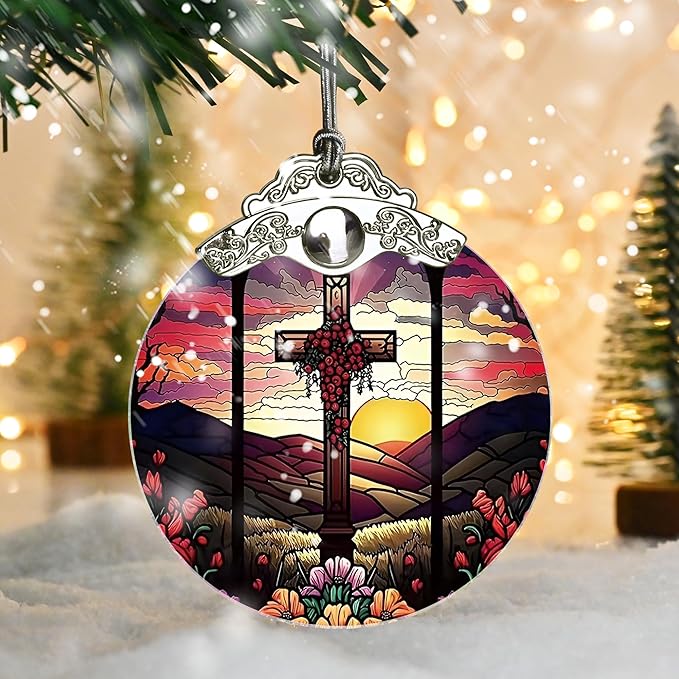 Jocidea Cross Christmas Ornament - Stained Glass Holiday Decoration for Tree, Xmas Gift Idea