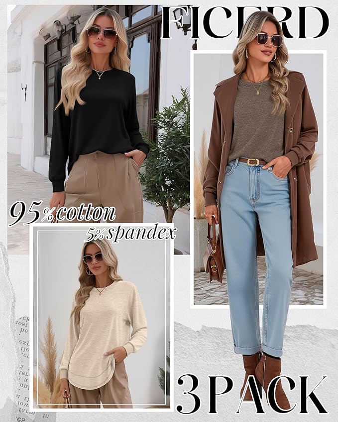 Ficerd 3 Pack Women's Long Sleeve Shirts, Cotton Crew Neck Tunic Tops Casual Loose Fit Pullover Sweatshirts Curved Hem Shirts