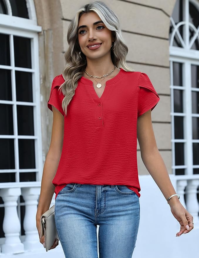 Zeagoo Womens Tops Dressy Casual Textured Blouses Cap Short Sleeve Shirts V Neck Button Up Summer Spring Work Tshirt Clothes