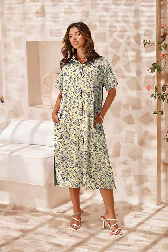 Zeagoo Women Dresses Summer Casual Short Sleeve Button Down Shirt Dresses 2025 Beach Cover Up with Pockets