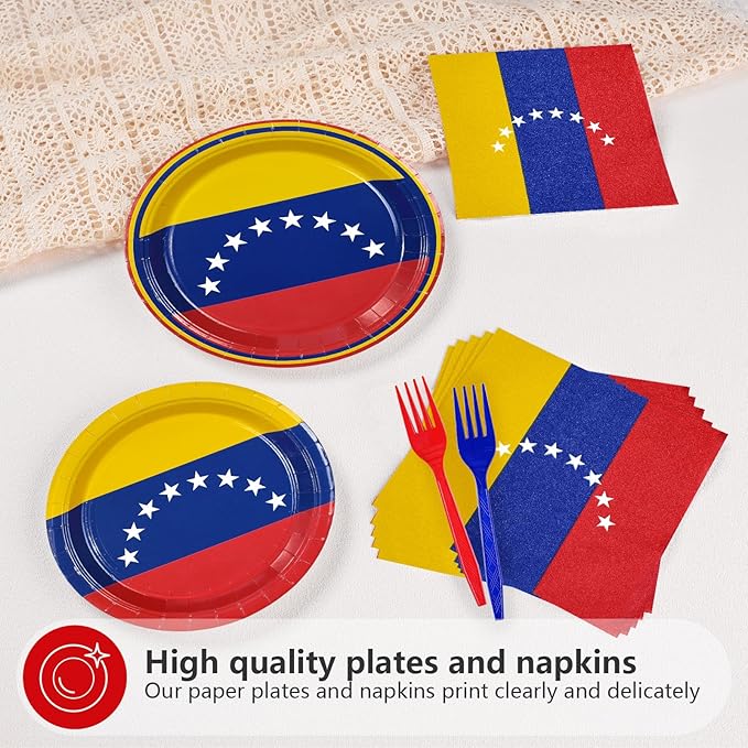96 Pcs Venezuela Flag Party Decorations Disposable Venezuelan Flag Paper Plates and Napkins Venezuela National Tableware Set for Country Decoration Patriotic Festival Party Supplies, Serves 24