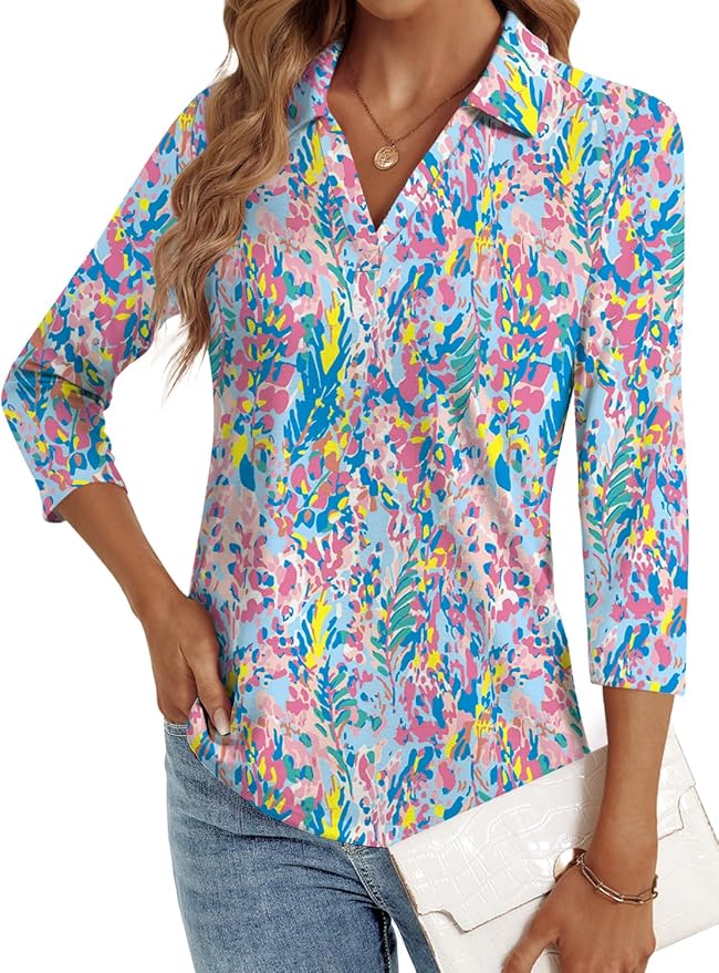 3/4 Length Sleeve Womens Tops Dressy Casual V Neck Polo Shirts Business Work Blouses 2025 Trendy Tunic Top