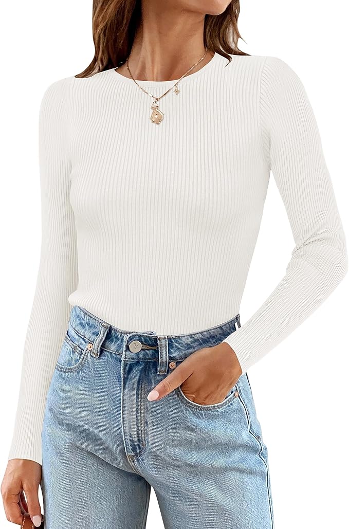 ZESICA Women's Long Sleeve Crewneck Shirts 2026 Fall Ribbed Knit Sweater Slim Fitted Casual Basic Tee Tops