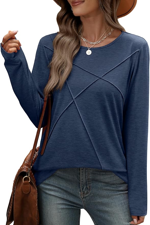 XIEERDUO Long Sleeve Shirts for Women Business Casual Tops Trendy Crewneck Fall T Shirts Pleated Loose Fit